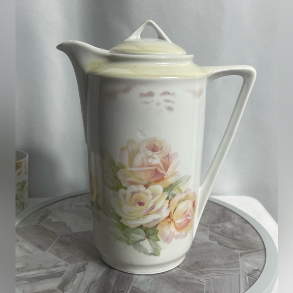 Vintage Three Crown China Rose Pitcher & 4 Cup Set Germany Gold Trim 1920's - Picture 5 of 10